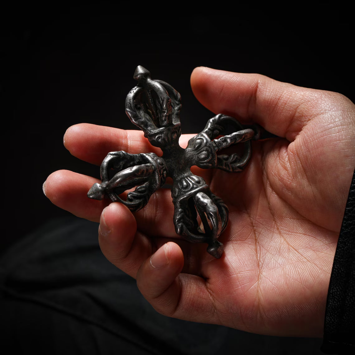 Dharma Deer Tibetan Double Dorje Altar Piece, Five-Prong Vishvavajra Cross Vajra Decor