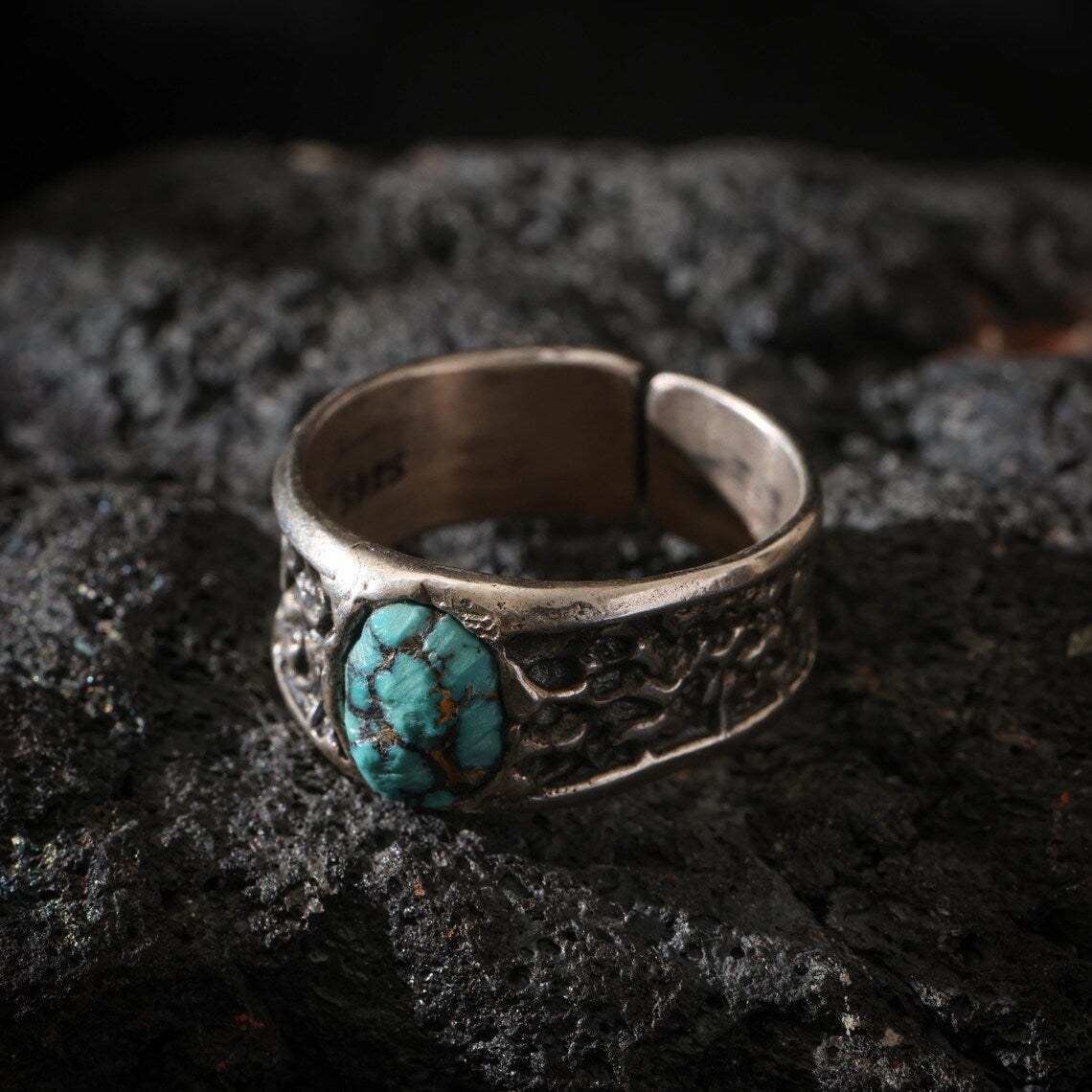 Dharma Deer Turquoise Sterling Silver Ring | Engraved Adjustable Statement