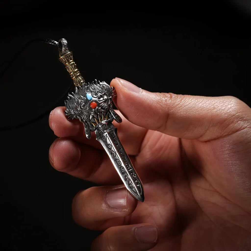 Dharma Deer Phurba Dagger Sword Pendant Two-Tone Tibetan Statement Necklace