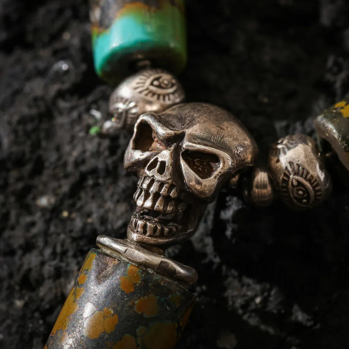 Dharma Deer Turquoise & Sterling Silver Skull Necklace | Om Mani Padme Hum Engraved Beads