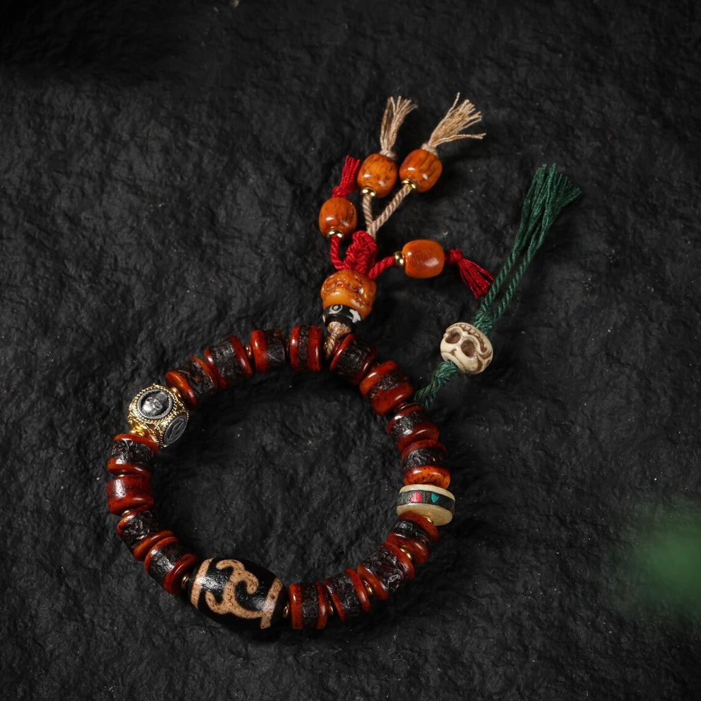 Dharma Deer Tibetan Red Yak Bone Bracelet with Skull Charm
