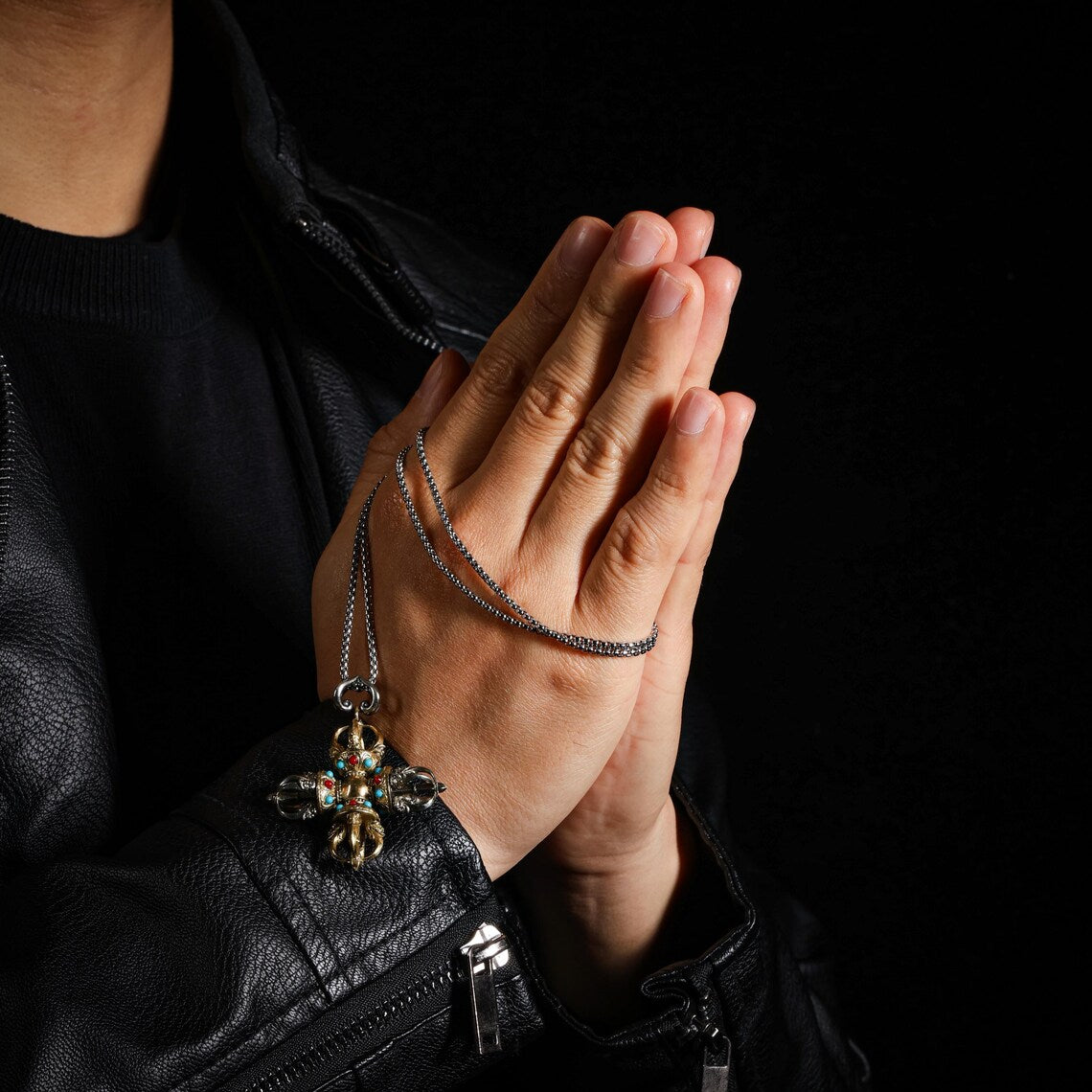 Dharma Deer Cross Vajra Pendant Necklace Tibetan Amulet