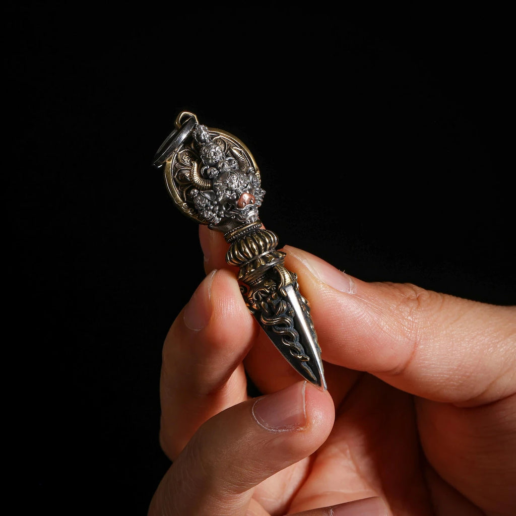 Dharma Deer Yamantaka Phurba Pendant, Sterling Silver Amulet Spinning Backplate