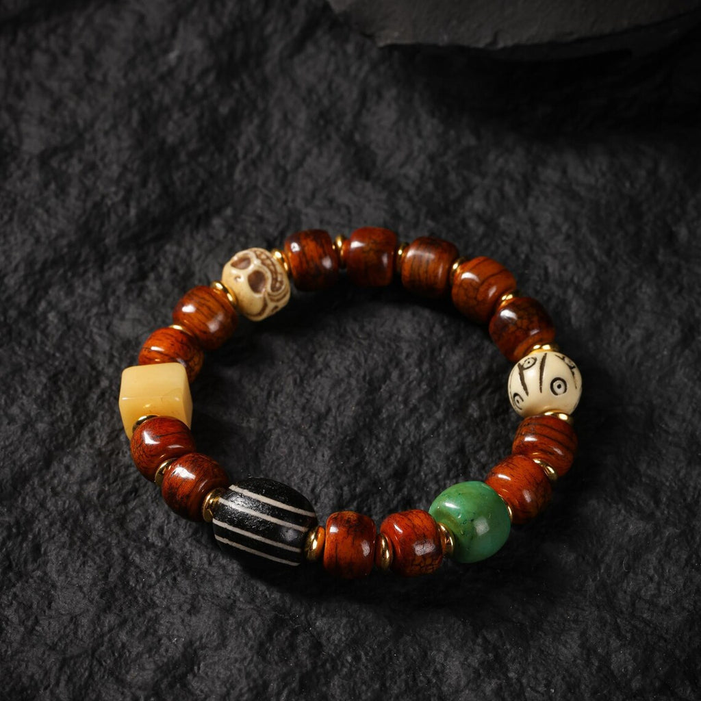 Dharma Deer Yak Bone Dzi Skull Bead Bracelet
