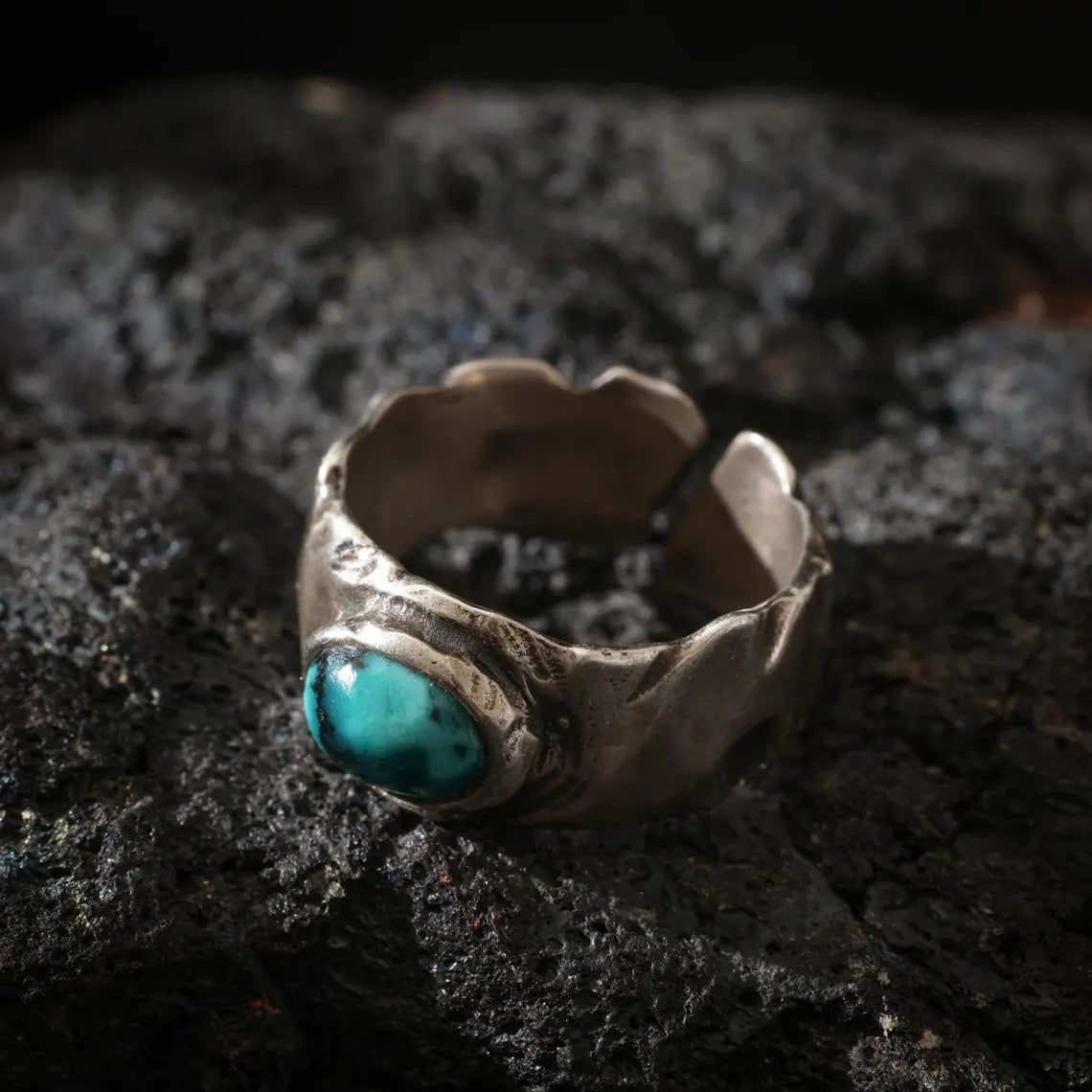 Dharma Deer Turquoise Ring | 925 Sterling Silver | Rustic Hammered Ring | Adjustable Unisex Jewelry