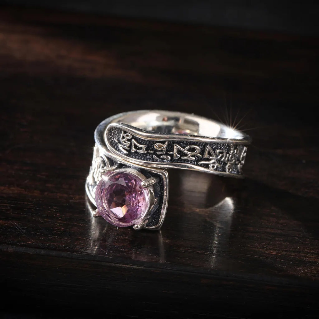 Dharma Deer Natural Amethyst Ring Om Mani Padme Hum