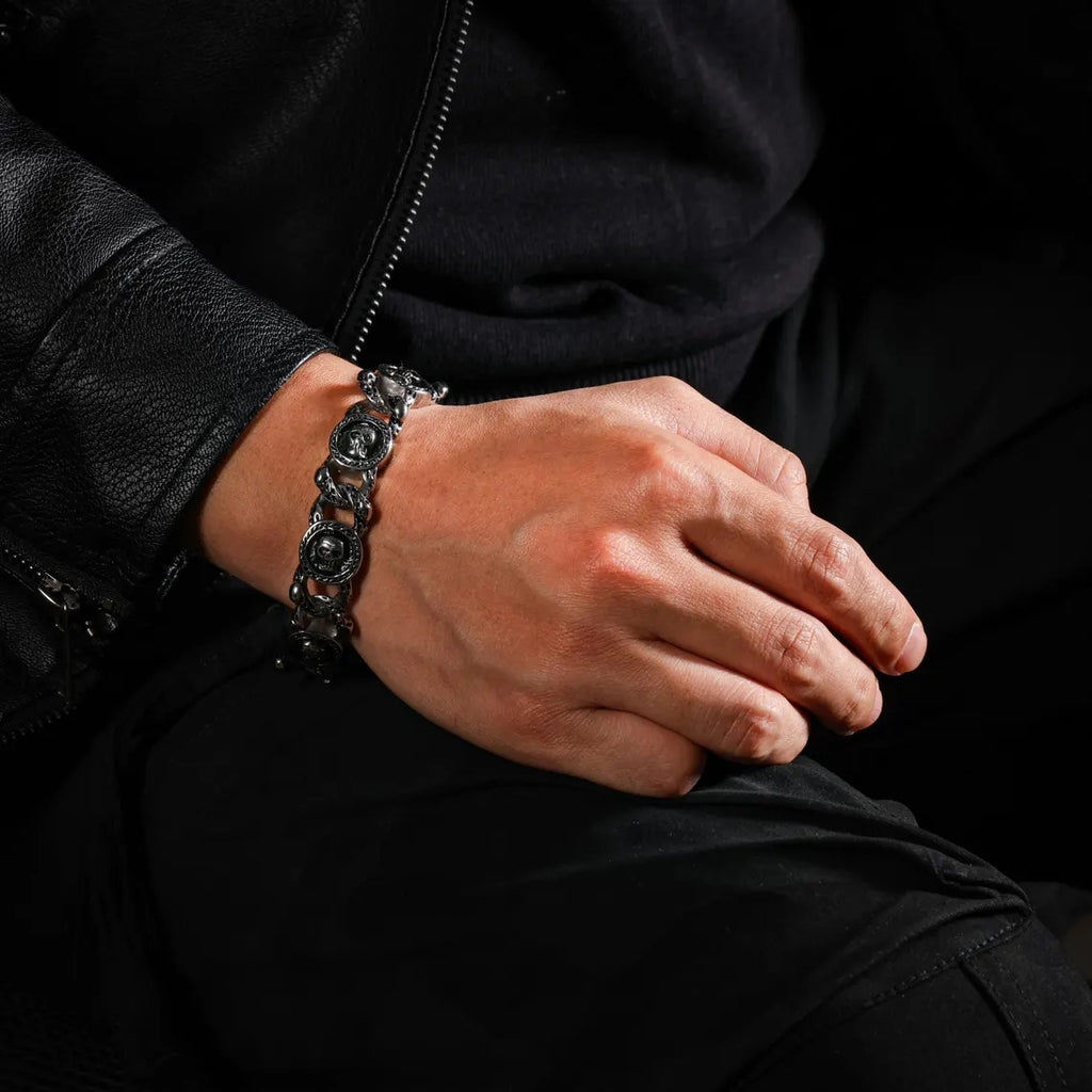 Dharma Deer Skull Chain Bracelet, 316L Stainless Steel, Heavy Statement Bracelet, Spring Clasp
