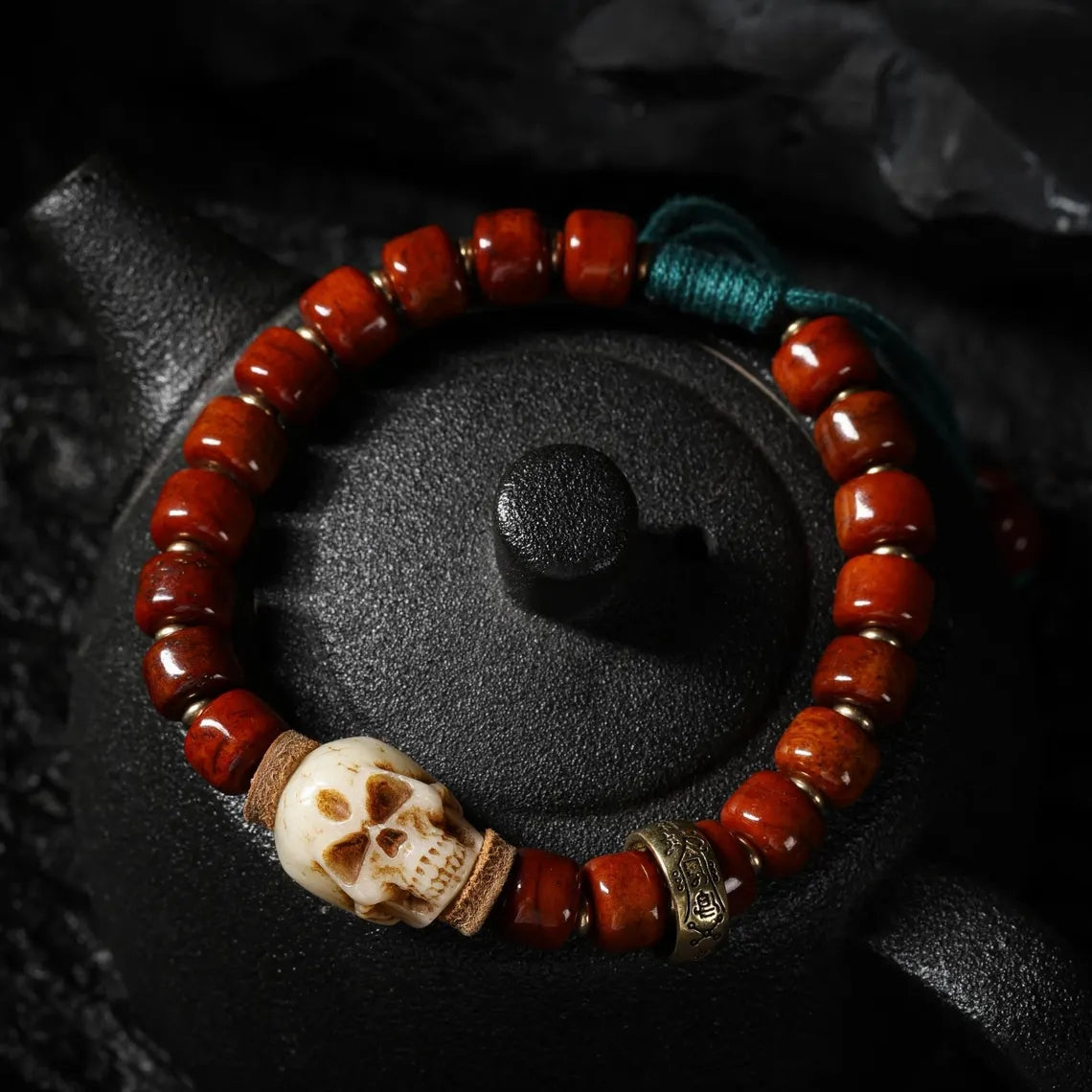 Dharma Deer Yak Bone Carved Skull Bracelet Amulet