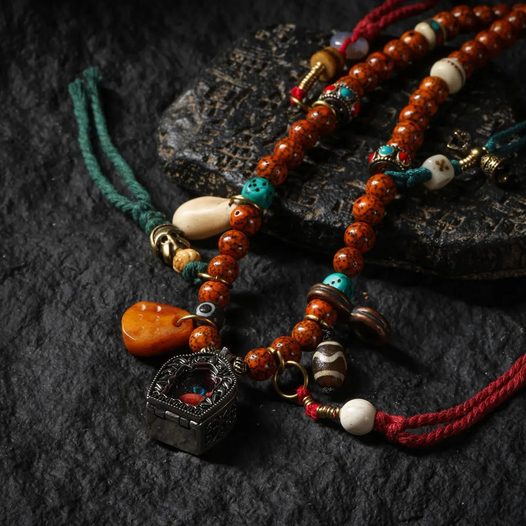 Dharma Deer Tibetan Bodhi Mala Necklace with Gau Amulet