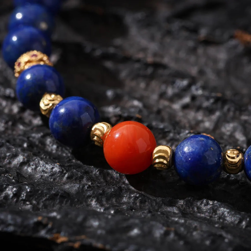 Dharma Deer Lapis Lazuli bracelet Red Agate, Ruby, Gold-plated