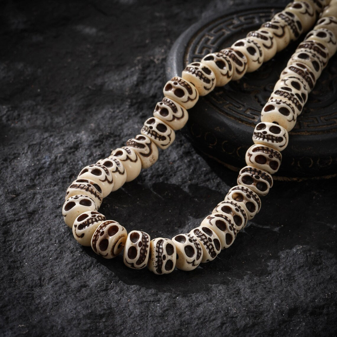 Dharma Deer Bone Smiling Skull Necklace Mala Beads