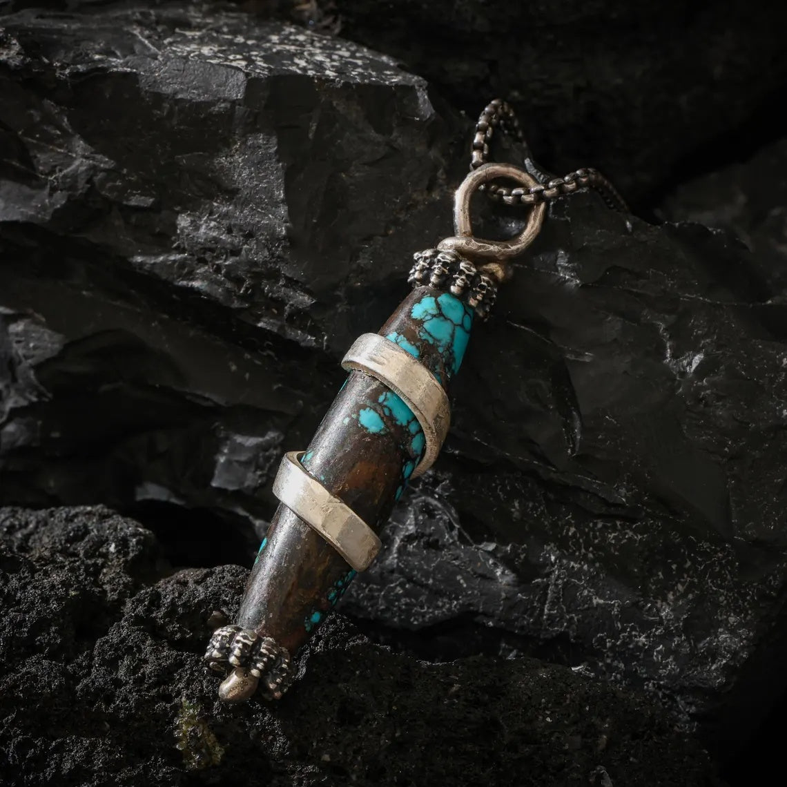 Dharma Deer Dzi Shape Turquoise Pendant Necklace Sterling Silver Chain Tibetan Handmade Heavy Talisman