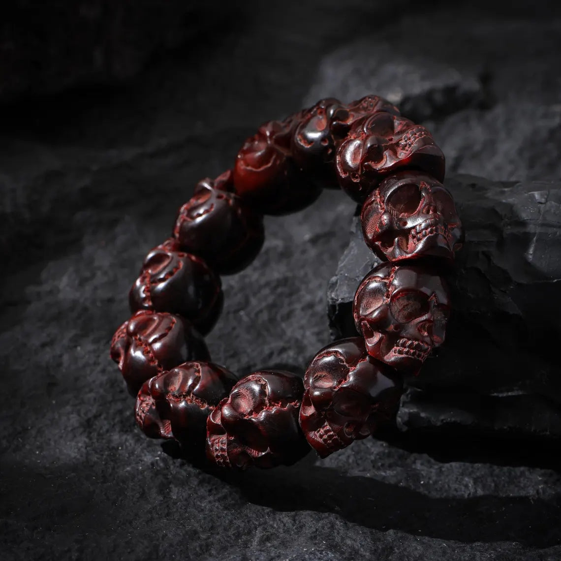Dharma Deer Red Skull Yak Bone Bracelet Hand-Carved Oversized Beads 20mm