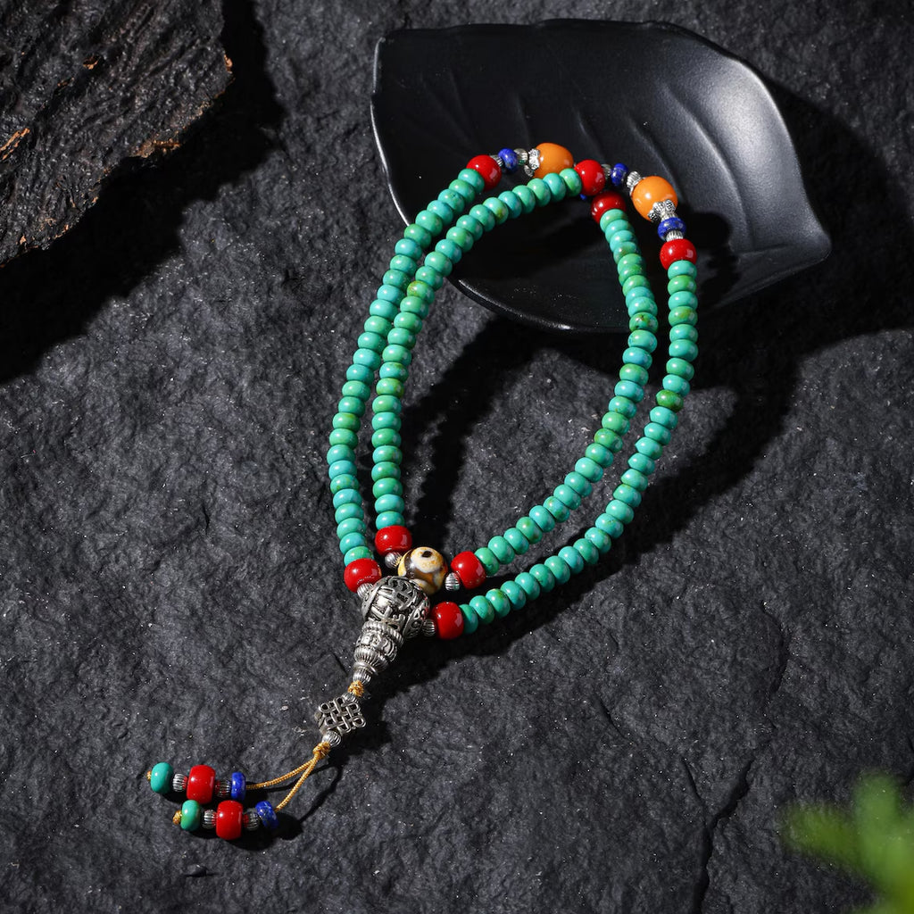 Dharma Deer Turquoise Dzi Bead Necklace 108 Mala BeadsTibetan Talisman