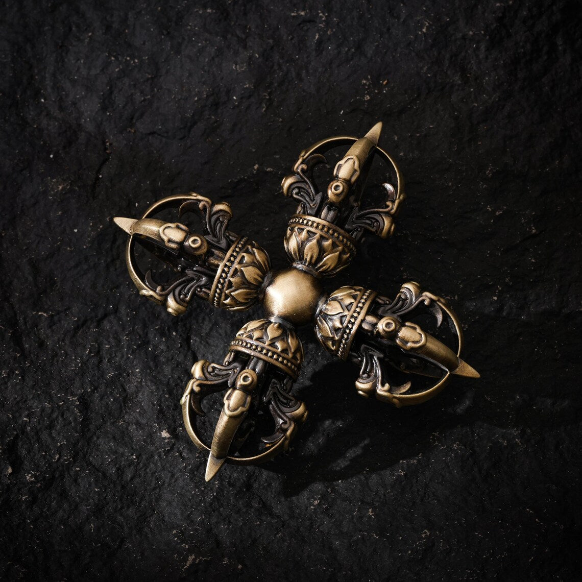 Dharma Deer Five-Pronged Double Vajra Brass Cross Dorje Ritual Object 10cm