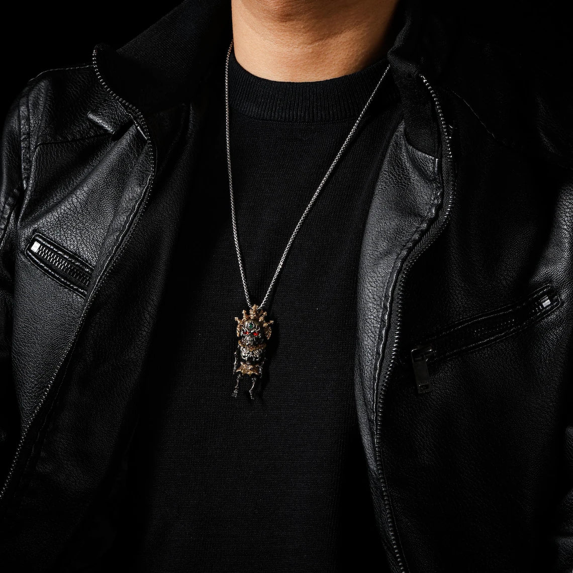 Dharma Deer Tibetan Skull Skeleton Pendant Necklace, Articulated Charm, Movable Joints