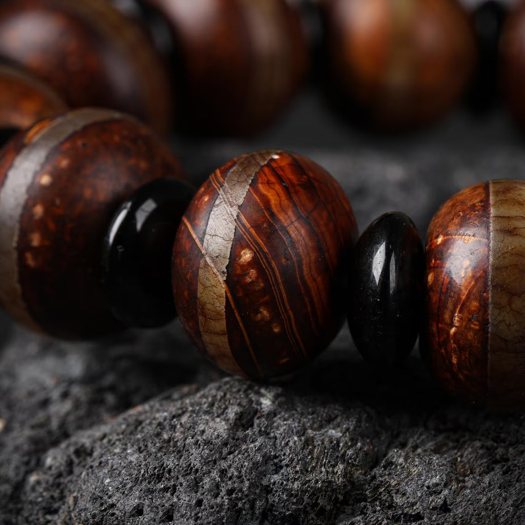 Dharma Deer Tibetan Dzi Mala Bracelet Agate Stretch Bracelet, Spiritual Protection Jewelry