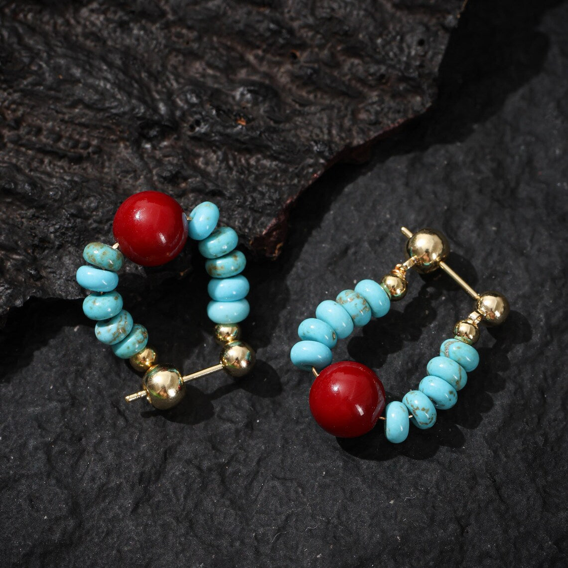 Dharma Deer Tibetan Turquoise Red Agate Dangle Earrings 14K Gold-Plated