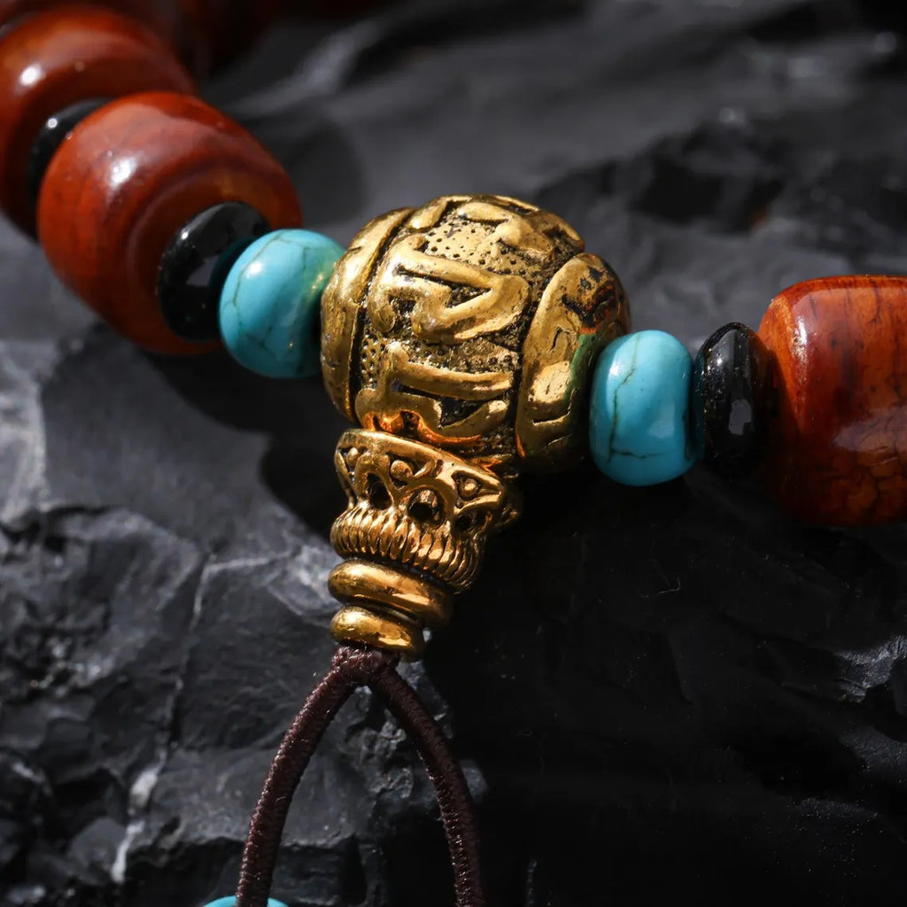 Dharma Deer Tibetan Yak Bone Bracelet with Turquois, Red Agate Accents