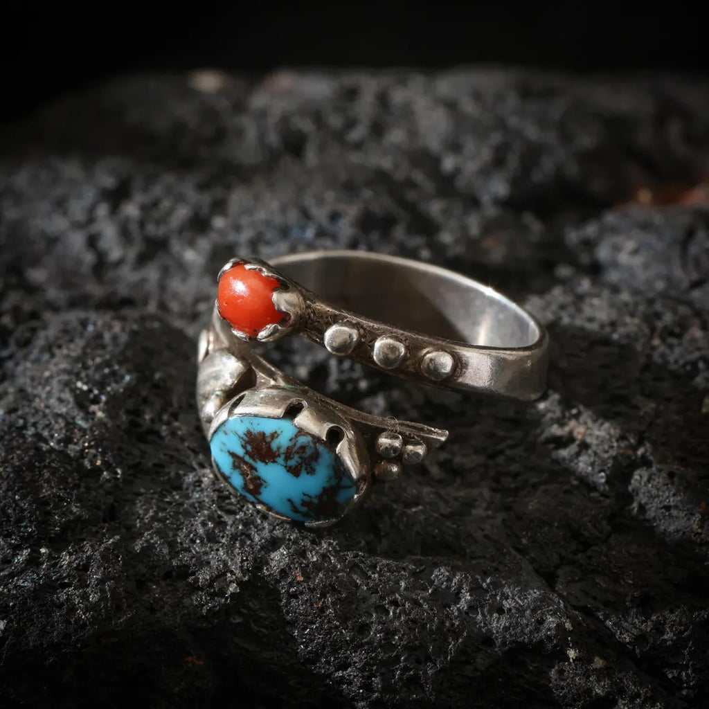 Dharma Deer Turquoise & Red Agate Sterling Silver Ring | Adjustable Open Band | Handmade Statement Ring