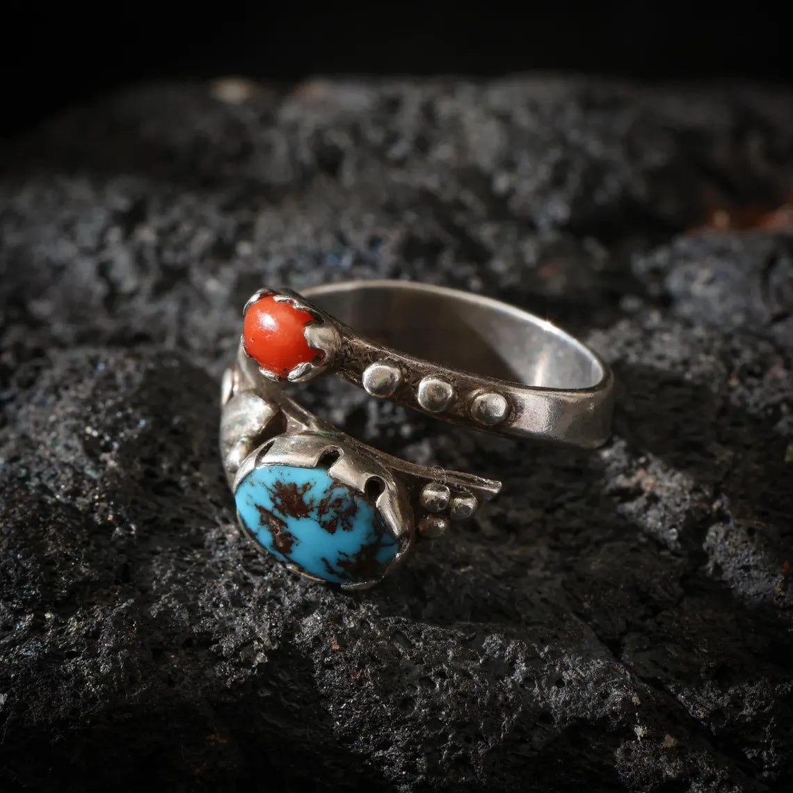 Dharma Deer Turquoise & Red Agate Sterling Silver Ring | Adjustable Open Band | Handmade Statement Ring