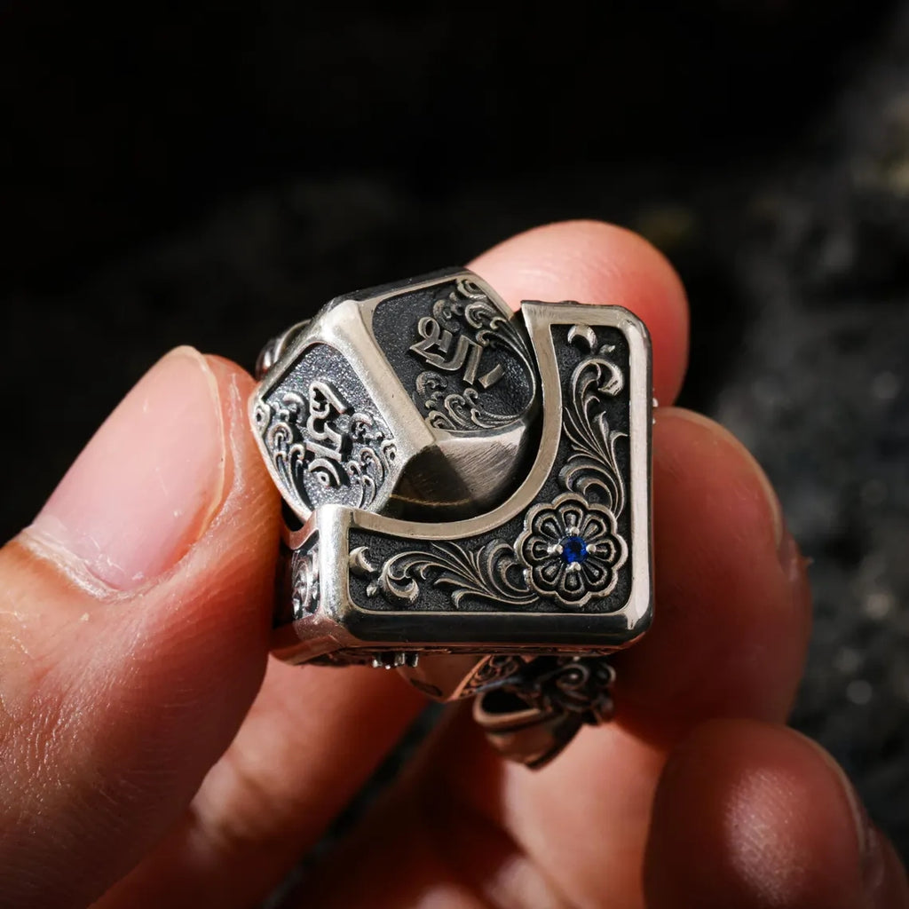 Dharma Deer Om Mantra Cube Dice Pendant, Sterling Silver Rotating Talisman Necklace, Gemstone Accents