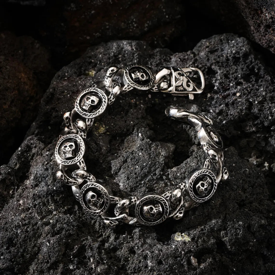Dharma Deer Skull Chain Bracelet, 316L Stainless Steel, Heavy Statement Bracelet, Spring Clasp