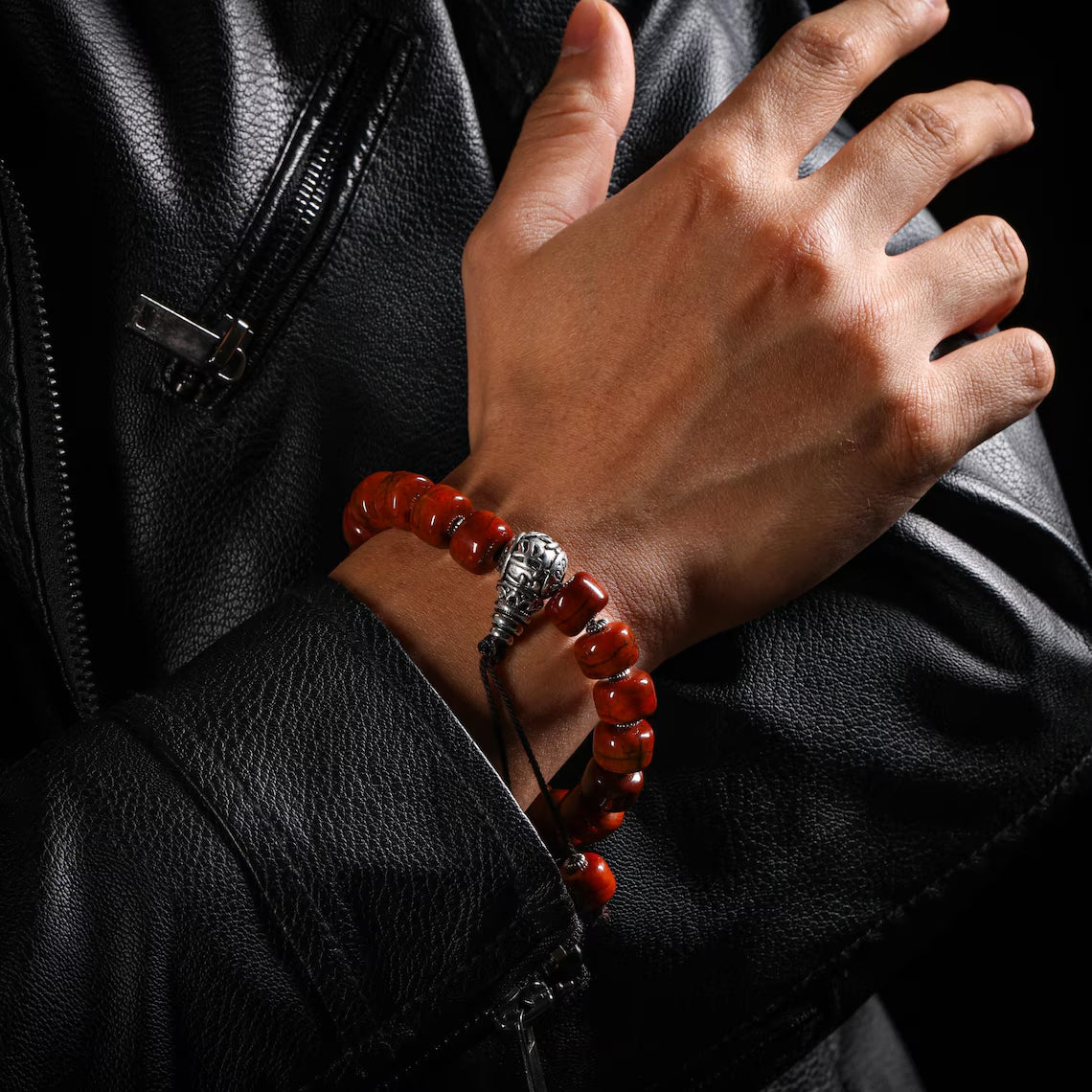 Dharma Deer Yak Bone Bracelet with Om Mani Padme Hum Bead, Adjustable Bracelet