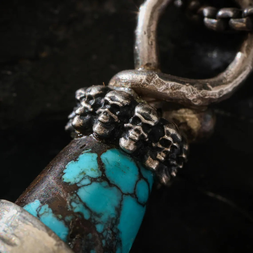 Dharma Deer Dzi Shape Turquoise Pendant Necklace Sterling Silver Chain Tibetan Handmade Heavy Talisman