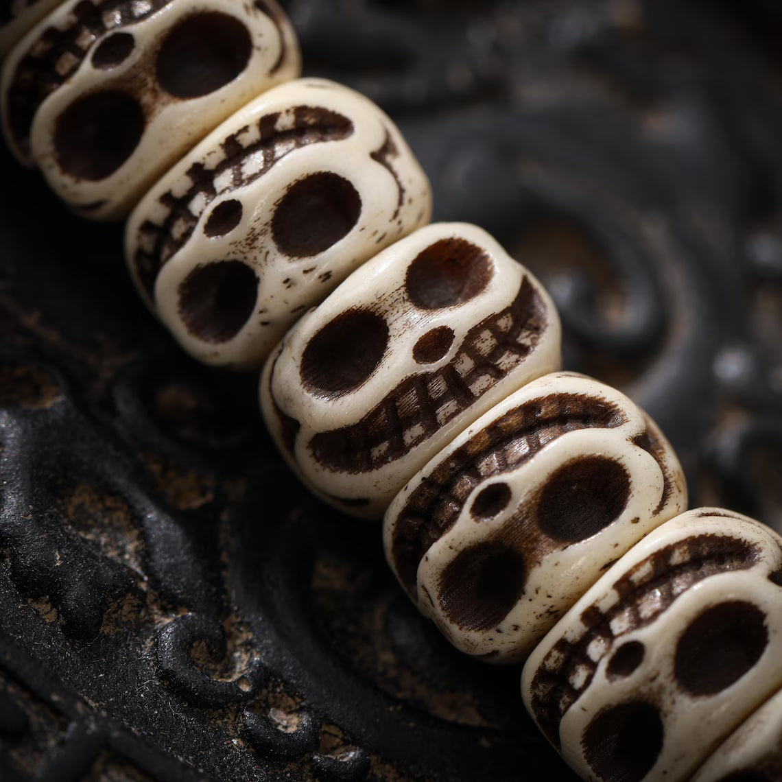 Dharma Deer Bone Smiling Skull Necklace Mala Beads