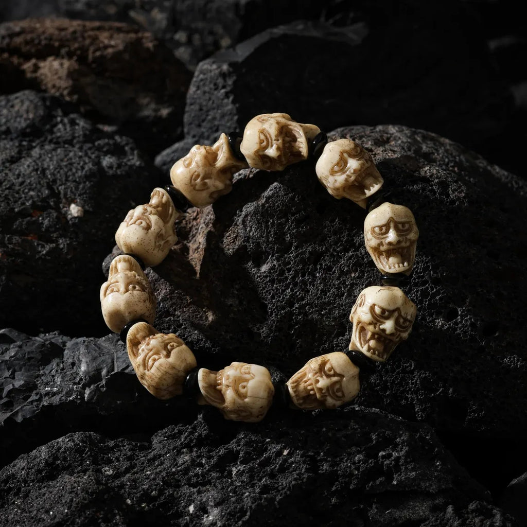 Dharma Deer Yak Bone Double-Sided Skull Amulet Bracelet Protection Amulet