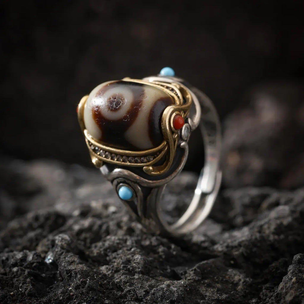 Dharma Deer Three-Eyed Dzi Ring Sterling Silver Adjustable Tibetan Statement Ring