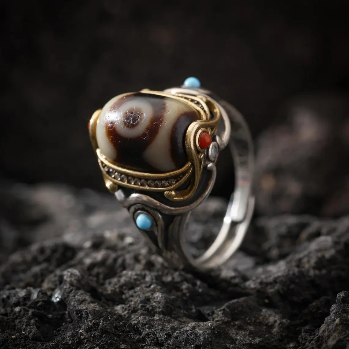 Dharma Deer Three-Eyed Dzi Ring Sterling Silver Adjustable Tibetan Statement Ring