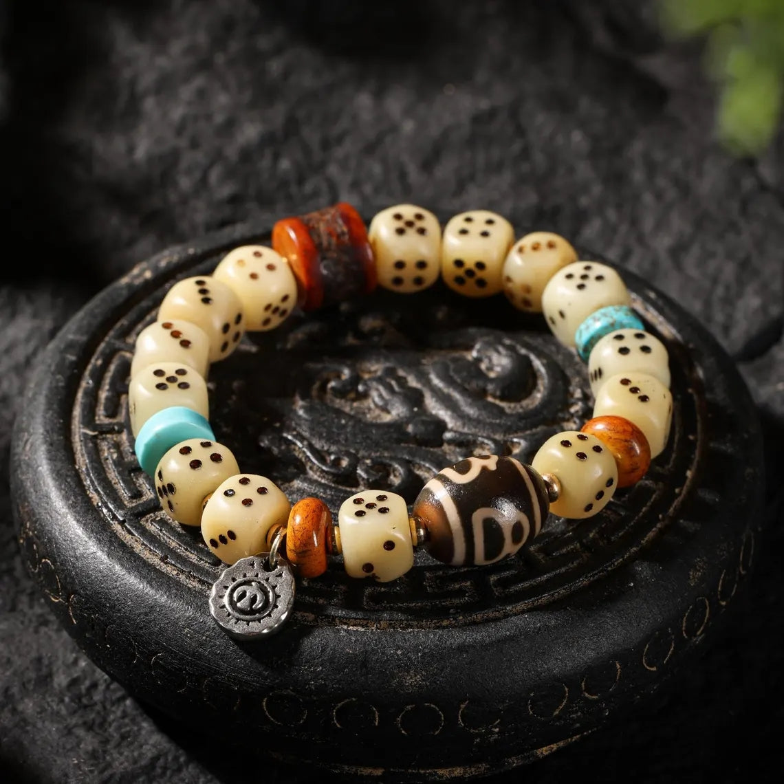 Dharma Deer Yak Bone Bracelet Turquoise & Dzi Accents