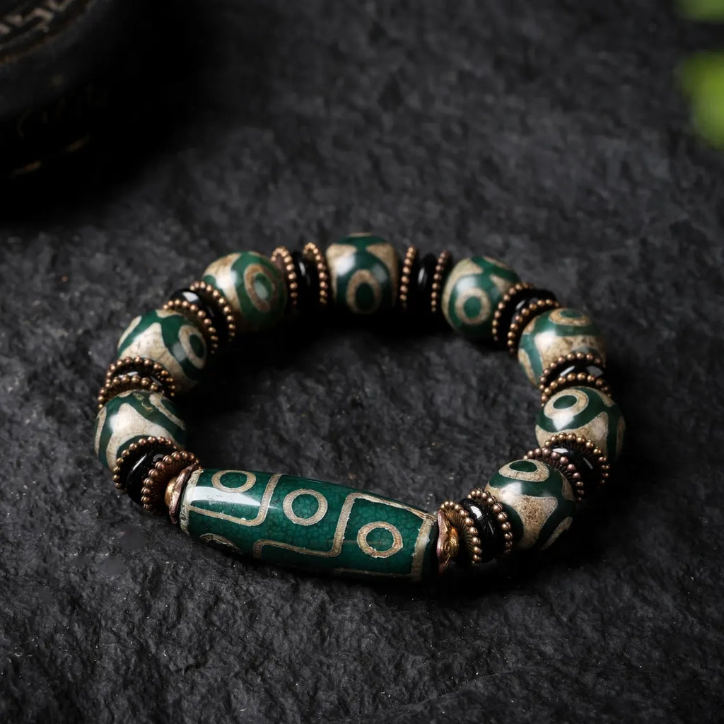 Dharma Deer Tibetan Dzi Mala Bracelet Nine-Eye Green Dzi
