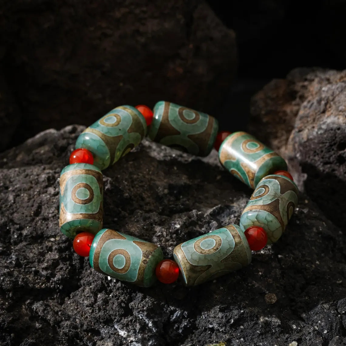 Dharma Deer Tibetan Dzi Agate Bracelet Statement Stretch Bracelet Protective Talisman Jewelry