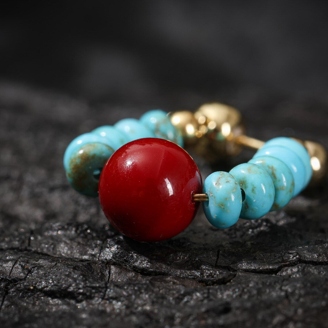Dharma Deer Tibetan Turquoise Red Agate Dangle Earrings 14K Gold-Plated