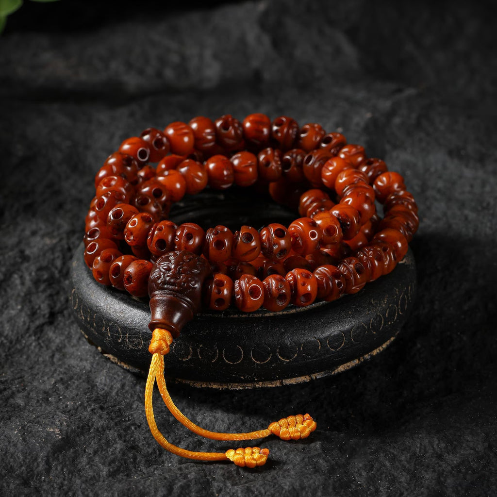 Dharma Deer Yak Bone Skull Necklace 108 Mala Beads