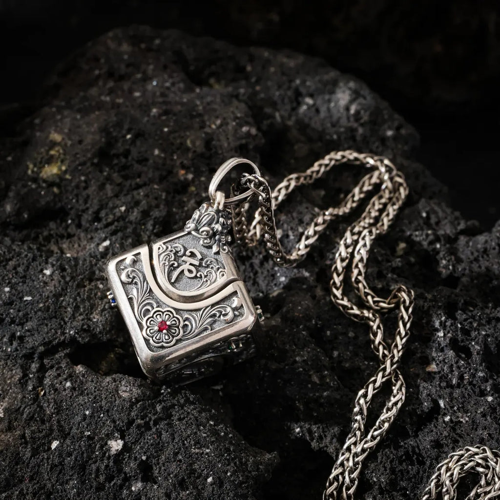 Dharma Deer Om Mantra Cube Dice Pendant, Sterling Silver Rotating Talisman Necklace, Gemstone Accents