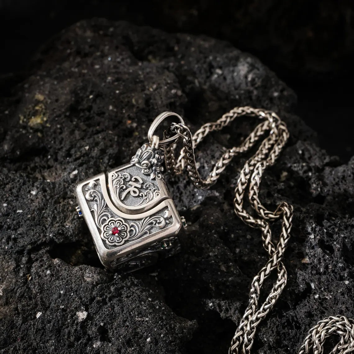 Dharma Deer Om Mantra Cube Dice Pendant, Sterling Silver Rotating Talisman Necklace, Gemstone Accents