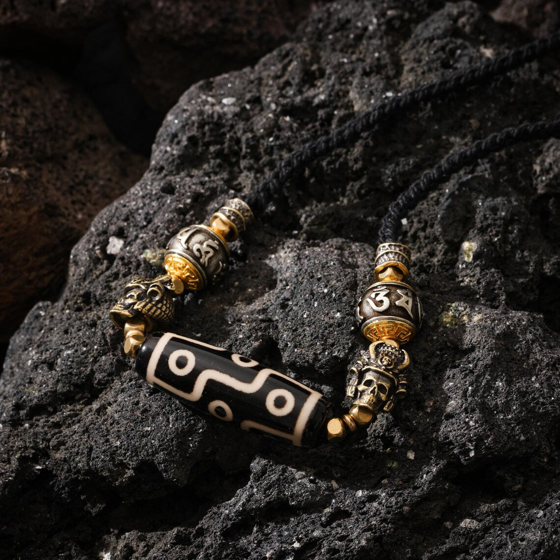 Dharma Deer Dzi Bead Necklace, Om Mani Padme Hum, Skull Warrior Charms, Adjustable