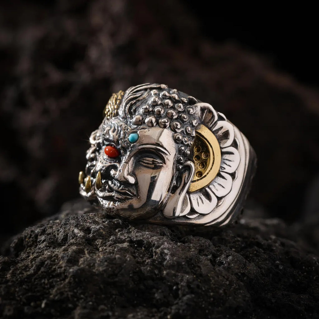 Dharma Deer Guardian Mask Statement Ring, Two-Tone Tibetan Adjustable Ring