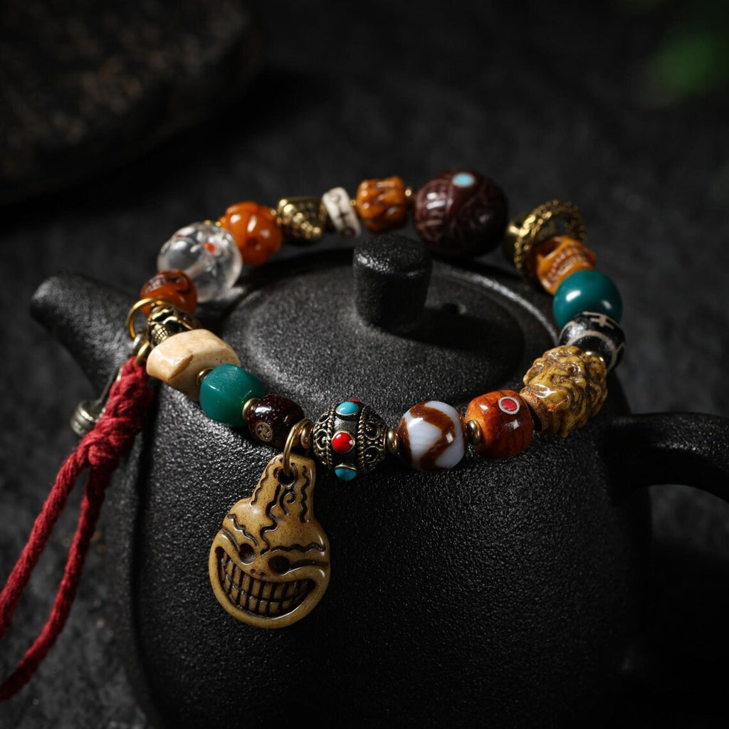 Dharma Deer Yak Bone Bracelet Tibetan Amulet Smiling Fool