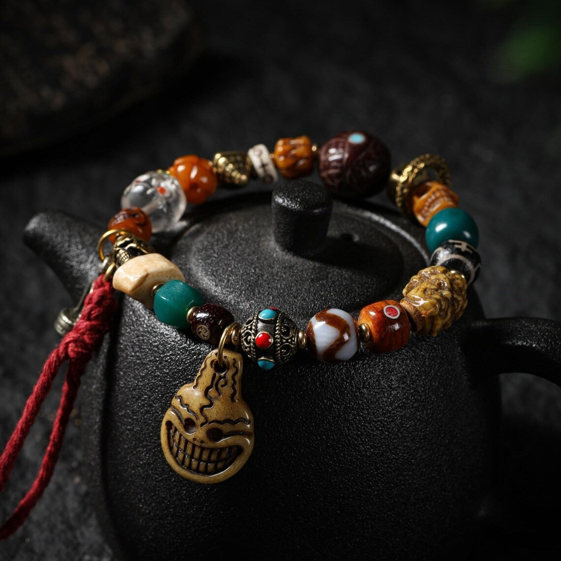 Dharma Deer Yak Bone Bracelet Tibetan Amulet Smiling Fool