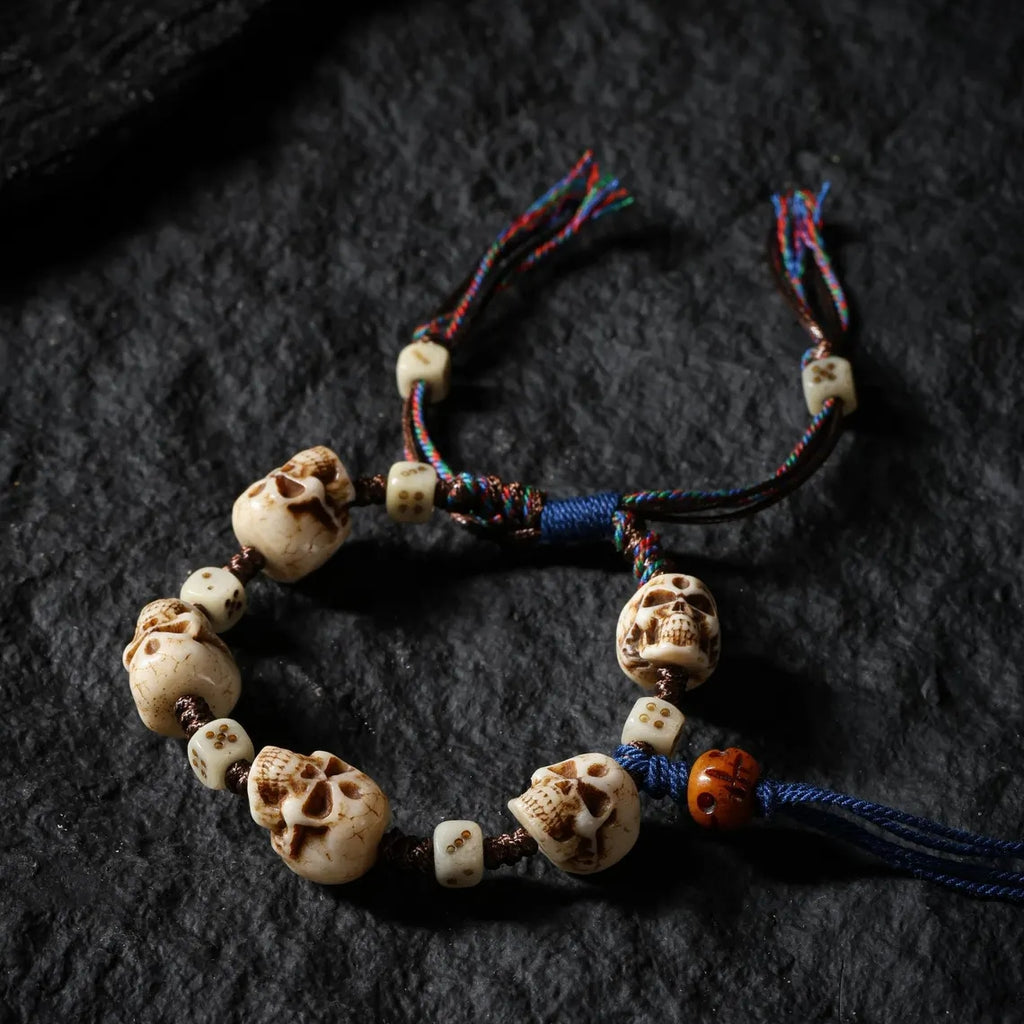 Dharma Deer Yak Bone Carved Skull Bracelet Amulet