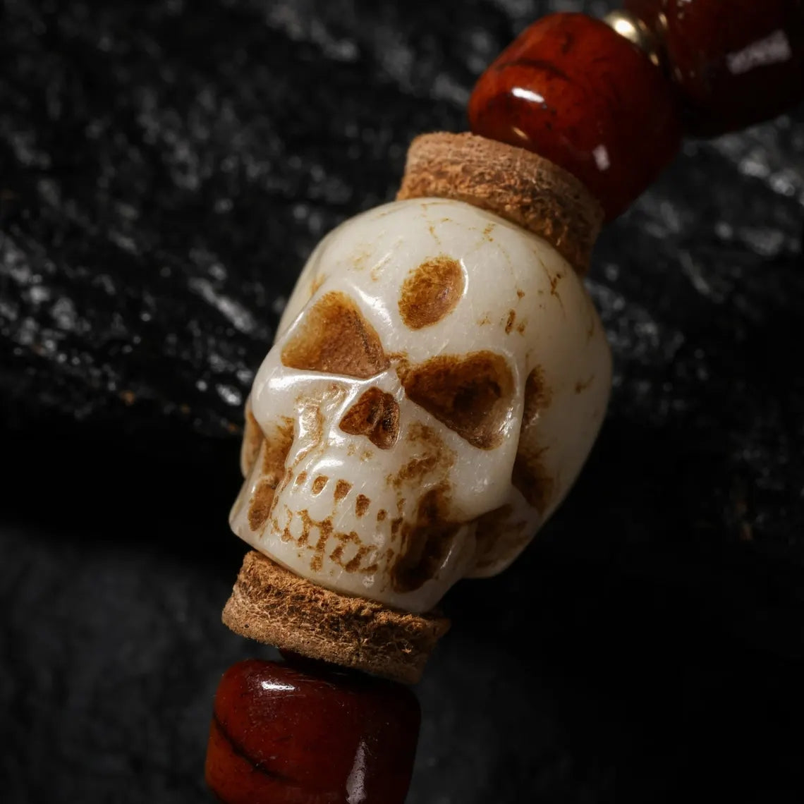 Dharma Deer Yak Bone Carved Skull Bracelet Amulet