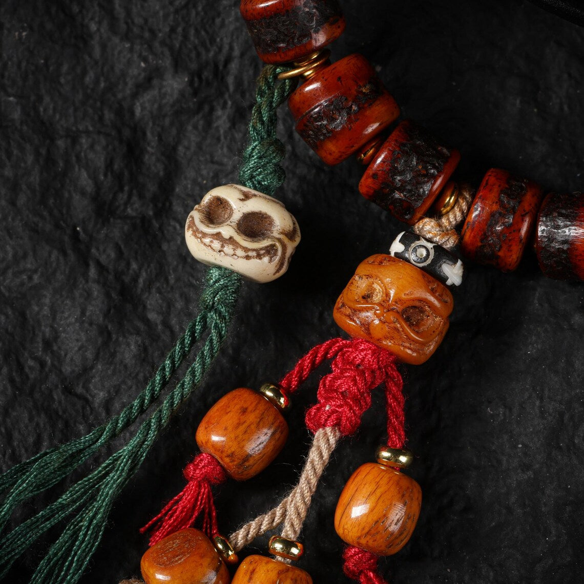 Dharma Deer Tibetan Red Yak Bone Bracelet with Skull Charm