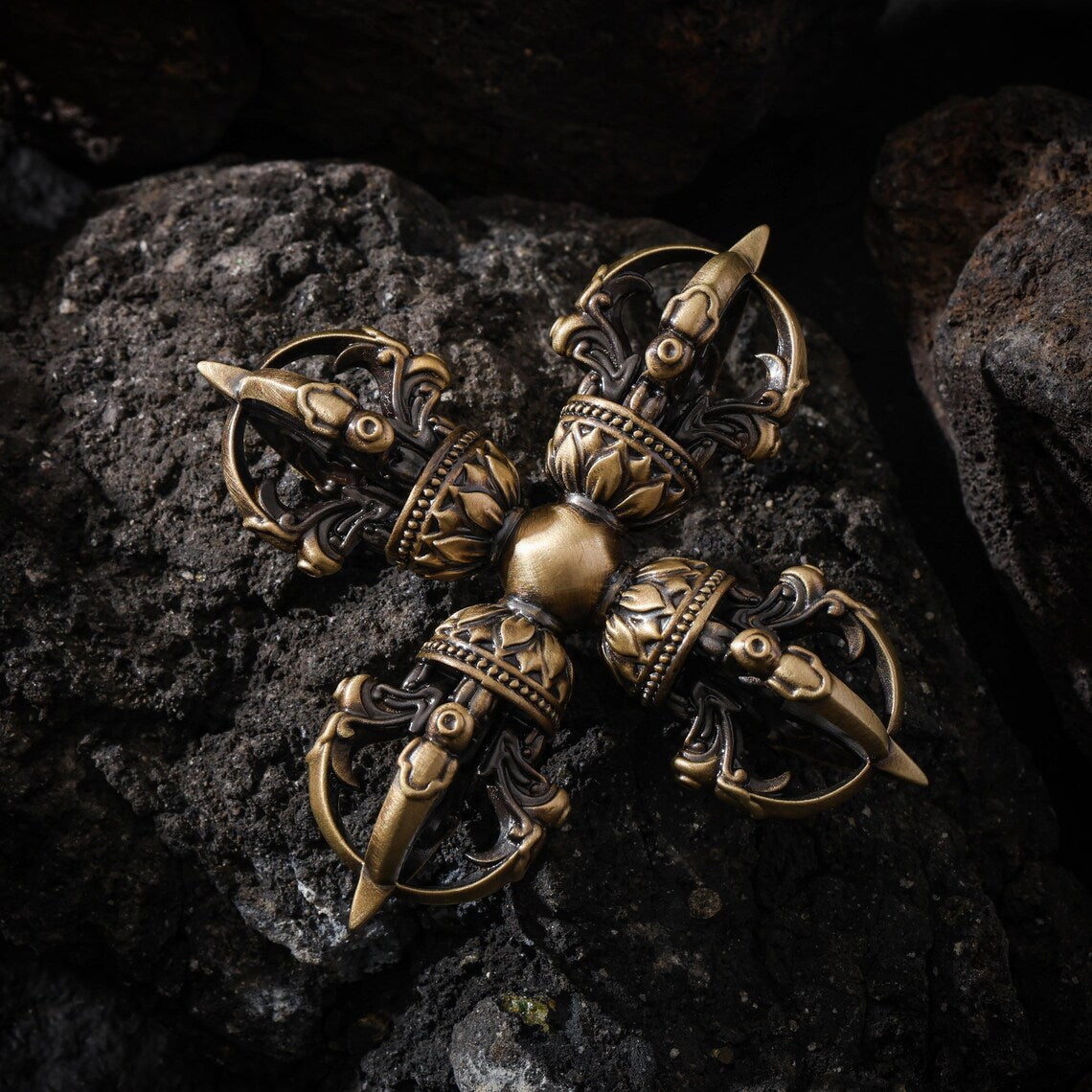 Dharma Deer Five-Pronged Double Vajra Brass Cross Dorje Ritual Object 10cm