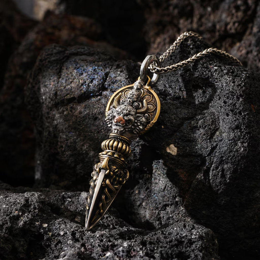 Dharma Deer Yamantaka Phurba Pendant, Sterling Silver Amulet Spinning Backplate