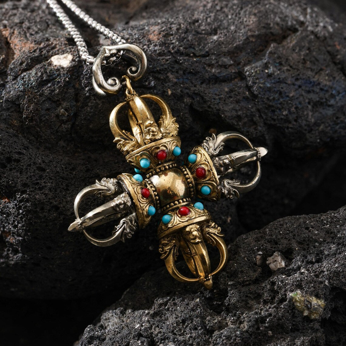 Dharma Deer Cross Vajra Pendant Necklace Tibetan Amulet